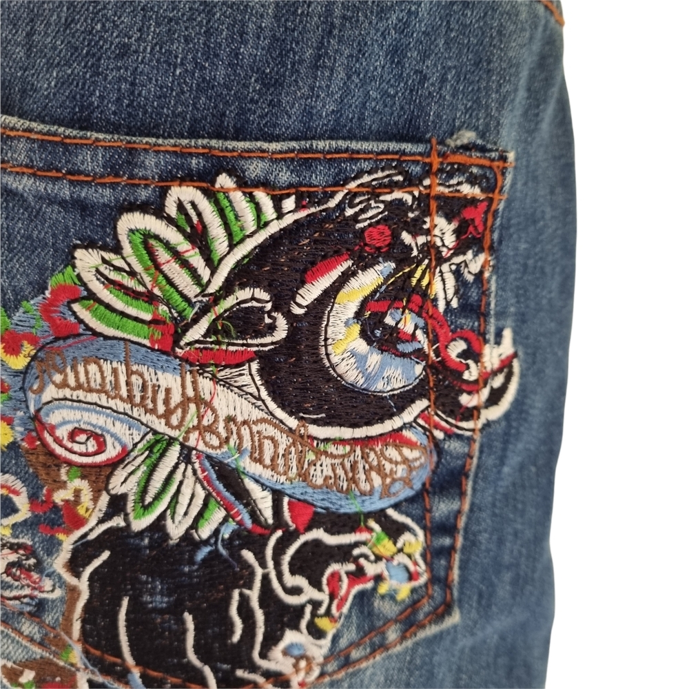 Christian Audigier Mini Denim Y2K Embroidered Panther Skirt Size 31 (Size 12) - Picture 3 of 13